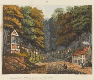 Entrada para o Foret de Soigne, perto de Bruxelas, 1815, de "Um relato histórico da batalha de Waterloo &39;, 1817 (aquatinta colorida)