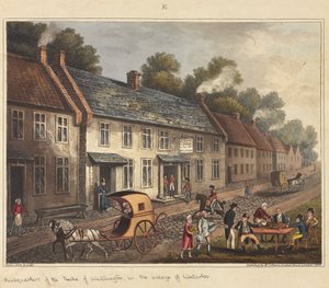 Sede do Duque de Wellington, na aldeia de Waterloo, de "Um Relato Histórico da Batalha de Waterloo", 1817 (aquatinta colorida)