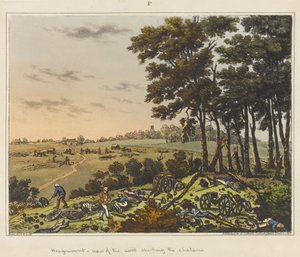 Hougoumont - vista do bosque que rodeia o castelo, de "An Historical Account of the Battle of Waterloo" (Um relato histórico da batalha de Waterloo)