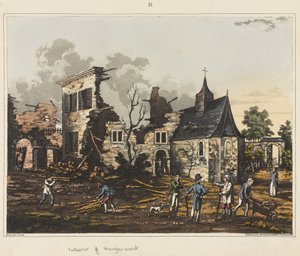Interior de Hougoumont, de "Um relato histórico da batalha de Waterloo", 1817 (aquatinta colorida)