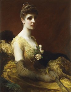 Retrato de Lady Dixon de Rheda, três quartos, sentada usando um vestido amarelo com flores segurando um leque, de James Sant
