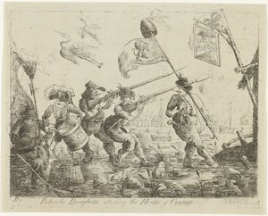 Spotprent op Goejanverwellesluis, 1787
Patriotic Burghers atacando a Casa de Orange (título sobre o objecto)
