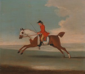 Um dos Quatro Retratos de Cavalos - um Cavalo de Corrida de Castanhas Exercido por um Treinador com Casaco Vermelho: galopando para a esquerda, o cavalo vestindo capas brancas de suor na cabeça, pescoço e corpo