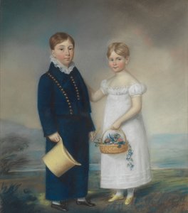 Menino segurando um chapéu e Menina segurando um cesto de flores, de pé numa paisagem de James Sharples