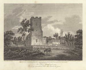 Robert Bloomfield, poeta: Honington Church, e a casa de campo em que Robert Bloomfield nasceu (gravura) de James Storer