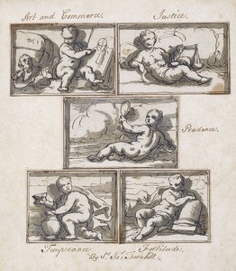 Arte e comércio; Justiça; Prudência; Temperança; e Fortitude, de James Thornhill