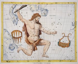 Constelação de Hércules com Corona e Lira, placa 21 de &39;Atlas Coelestis&39;, de John Flamsteed (1646-1710), publicada em 1729 (gravura colorida à mão)