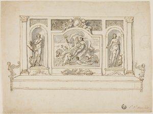 Neptuno e Anfitrite ladeados por Júpiter e Juno: desenho para um banco de jardim ou de salão pintado de James Thornhill