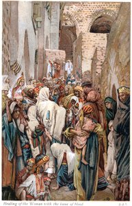 Mulher com questão de sangue tocando a borda da veste de Jesus e sendo curada, c1890