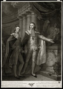 Retratos dos Grão-Duques da Rússia Alexandre I Pavlovich (1777-1825) e Constantin Pavlovich (1779-1831). Obra de James Walker (1748-cerca de 1808), gravura de 1797. Arte inglesa