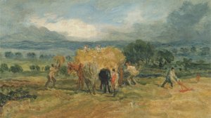 Uma Cena de Colheita com Trabalhadores carregando Feno em um Vagão de Fazenda (óleo em painel) de James Ward