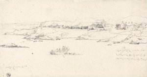 Aldeia costeira com barcos de pesca (lápis sobre papel) de James Ward