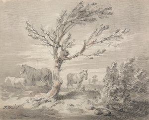 Paisagem com Três Cavalos e uma Árvore em Primeiro Plano de James Ward