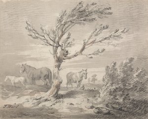 Paisagem com três cavalos e uma árvore em primeiro plano de James Ward