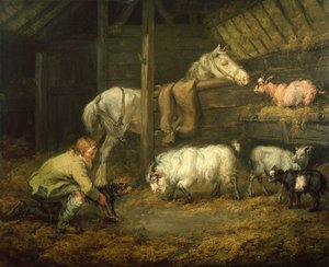 Young Boy e seu cachorro em um estábulo com um cavalo e uma ovelha (óleo sobre tela) de James Ward