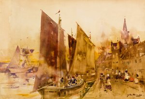 Barcos de pesca de balsa no cais, Montrose (aquarela)