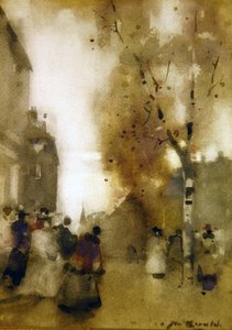 Cena de rua com figuras (aguarela sobre papel)
