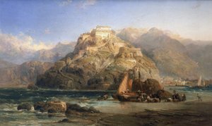 Vista de San Sebastian (Espanha), ao centro, o Monte Urgull e os edifícios do castelo de Santa Cruz de la Mota. Óleo sobre tela de James Webb (ativo entre 1853 e 1888). de James Webb