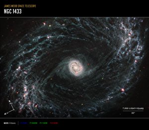 NGC 1433 (Imagem da bússola MIRI) de James Webb Space Telescope (NASA)