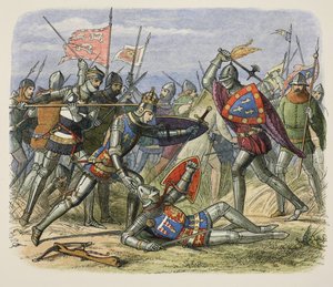 Henrique V atacado pelo Duque de Alencon no campo de batalha, de A Chronicle of England BC 55 a AD 1485, pub. Londres