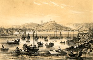Ningbo, um dos cinco portos abertos pelo tratado final ao comércio britânico, China, 1847