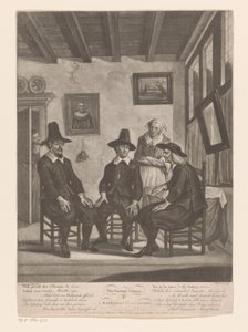 Três homens em consulta enquanto uma jovem mulher no caixilho da porta ouve em
O Esquema dos Pais / ou / Consulta de Casamento (título sobre o objecto) de James Wilson