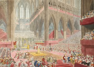 A Coroação de Sua Majestade, George The Fourth: Tomada na época do reconhecimento, pub. 1822 (gravura colorida à mão) de James after Stephanoff