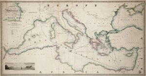 Carta geral do mar Mediterrâneo, incluindo o golfo de Veneza, o arquipélago e parte do mar Negro, com as rotas dos navios a vapor de James the Younger Wyld