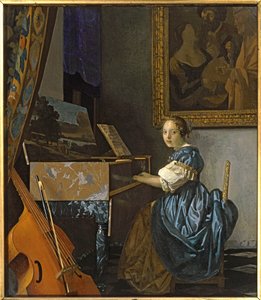 Uma jovem sentada ao lado de uma ... (pintura sobre tela) de Jan (1632-75) Vermeer