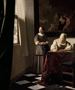 Senhora escrevendo uma carta com sua empregada doméstica, c.1670 (óleo sobre tela) de Johannes Vermeer