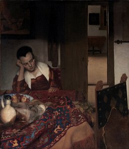 A Sleeping Girl - Pintura de Johannes Vermeer (Vermeer de Delft) (1632-1675), óleo sobre tela