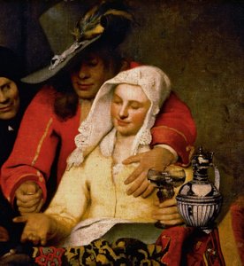 Um homem estende uma moeda a uma mulher tocando seu peito, detalhe de The Procuress