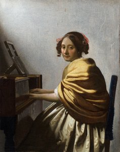 "Jeune femme assise au virginal" (Uma Jovem Mulher sentada numa Virginal) Peinture de Jan Vermeer (Johannes) (1632-1675) vers 1670 Dim 25,1x20 cm Colecção privee
