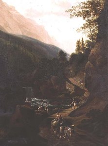 Muletas em um caminho de montanha por uma torrente de Jan (circle of) Hackaert