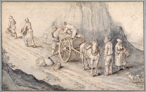 Camponeses carregando um carrinho de um cavalo com vegetais de raiz (caneta e tinta com lavagem em papel)