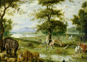 Adão e Eva no Jardim do Éden, c.1600 (óleo no painel) de Jan (studio of) Brueghel
