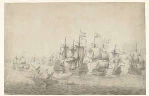 Uma batalha naval, possivelmente em Lowestoft em 13 de Junho de 1665 (página à esquerda) de Jan Abrahamsz. Beerstraten (possibly)