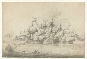 Uma batalha naval, possivelmente em Lowestoft em 13 de Junho de 1665 (página da direita) de Jan Abrahamsz. Beerstraten (possibly)