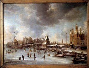 Paisagem de Inverno. Patinadores em um lago congelado. Pintura por Burstaten (1622-1666) Século XVII. Berlim, Museu Staatliche