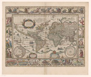 Mapa mundial com fronteiras decorativas
Nova totius terrarum orbis geographica ac hidrographica tabula de Jan Aertse van den Ende