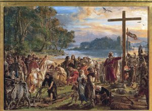 La chhristiannisation de la Pologne, 966 - A cristianização da Polônia, 966. Da série História da Civilização na Polônia, de Matejko, Jan Alojzy (1838-1893). Óleo sobre madeira de Jan Alojzy Matejko
