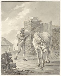 Homem com bolsa no ombro com cavalo sem sela