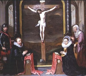 Uma Crucificação com Retratos dos Doadores Adriaen Meusyenbroeck e sua Esposa, Anna Elant, Atendida por Santo Adrian e Santa Isabel de Jan Anthonisz. van Ravesteyn