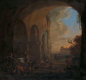 Tropeiros com gado sob um arco do Coliseu em Roma