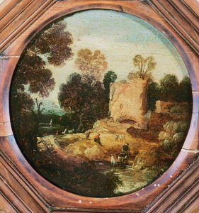 Uma paisagem arborizada com pastores e cabras por uma piscina