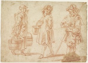 Três esboços de uma mulher com jugo, de um homem com balde e de um peregrino de Jan Baptist Lambrechts