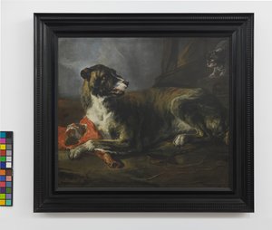 Um cão de caça com um pedaço de carne perto de um gato enfurecido, c.1647-55 (óleo sobre tela) de Jan Baptist Weenix