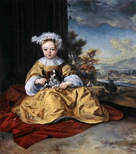 Uma criança com um vestido amarelo segurando um cão (óleo sobre tela) de Jan Baptist Weenix