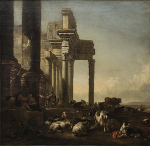 Uma paisagem italiana com camponeses, gado e ovelhas em ruínas clássicas, c.1650s (óleo sobre tela) de Jan Baptist Weenix