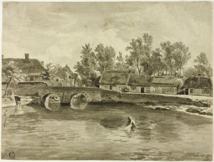 Homem pescando no rio perto da vila de Jan Baptiste de Jonghe